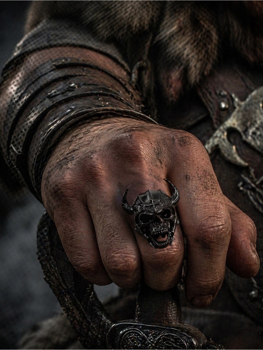 Men's Black Skull Horned Stainless Steel Ring - Gothic Statement